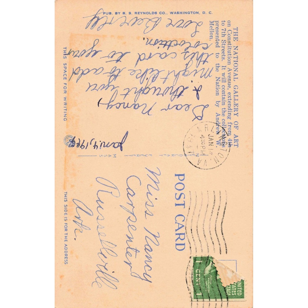 National Gallery of Art Washington DC Linen Postcard 1942 B.S. Reynolds Used - Picture 2 of 2